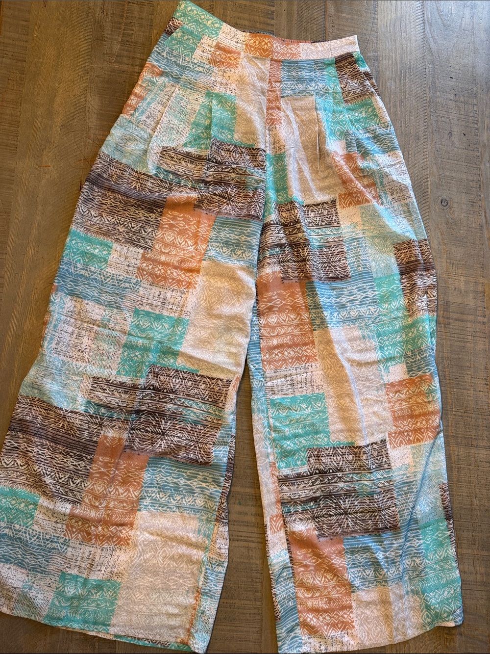 High-Rise Wide Leg Patchwork Print Pants in Teal, Coral & Cream